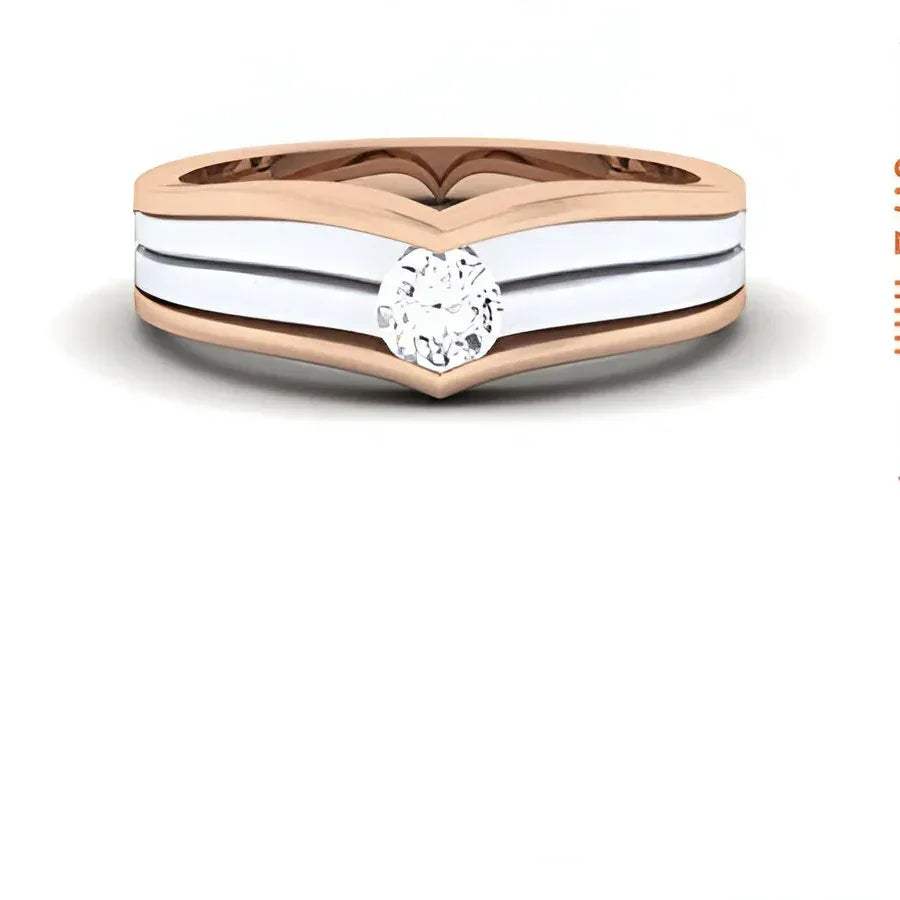 Two-tone ring design on a white background with a diamond in the center of the ring.