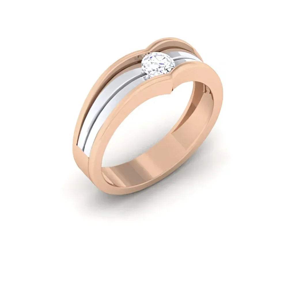 A minimalist solitaire ring with a brilliant cut diamond set in a two-tone gold band, featuring 14K and 18K gold layers.