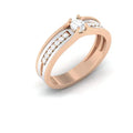A solitaire diamond ring with a band of smaller diamonds set in a gold structure.
