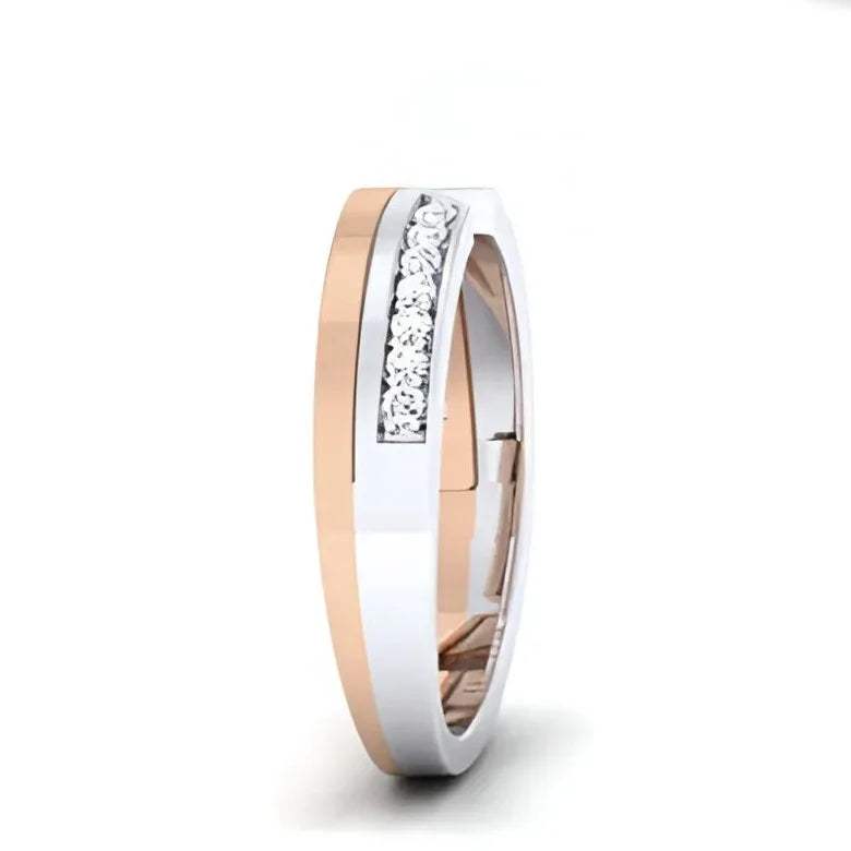 rose gold and white gold tone wedding band with diamond accents on a white background