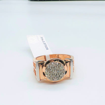 A man's hand displaying a gold band ring with round-cut diamonds set in the band.