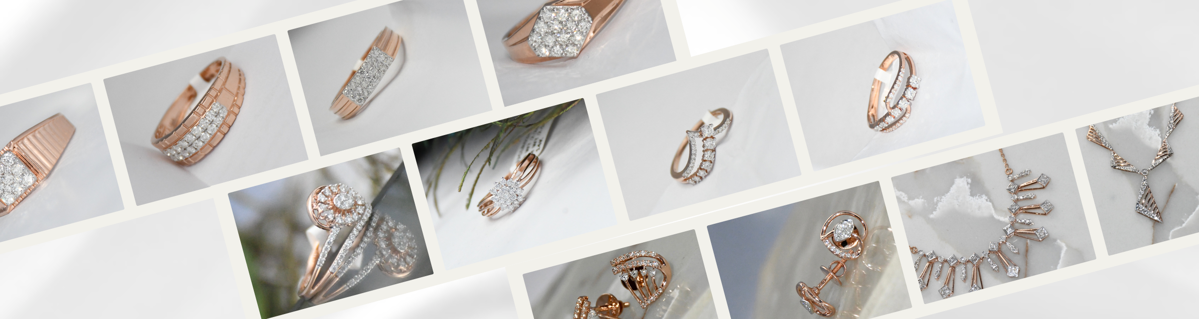 Collage of various rose gold jewelry items on a light gray background
