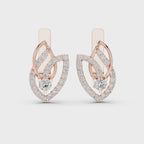 Rose gold and diamonds drop earrings are displaying on a white background and surface.