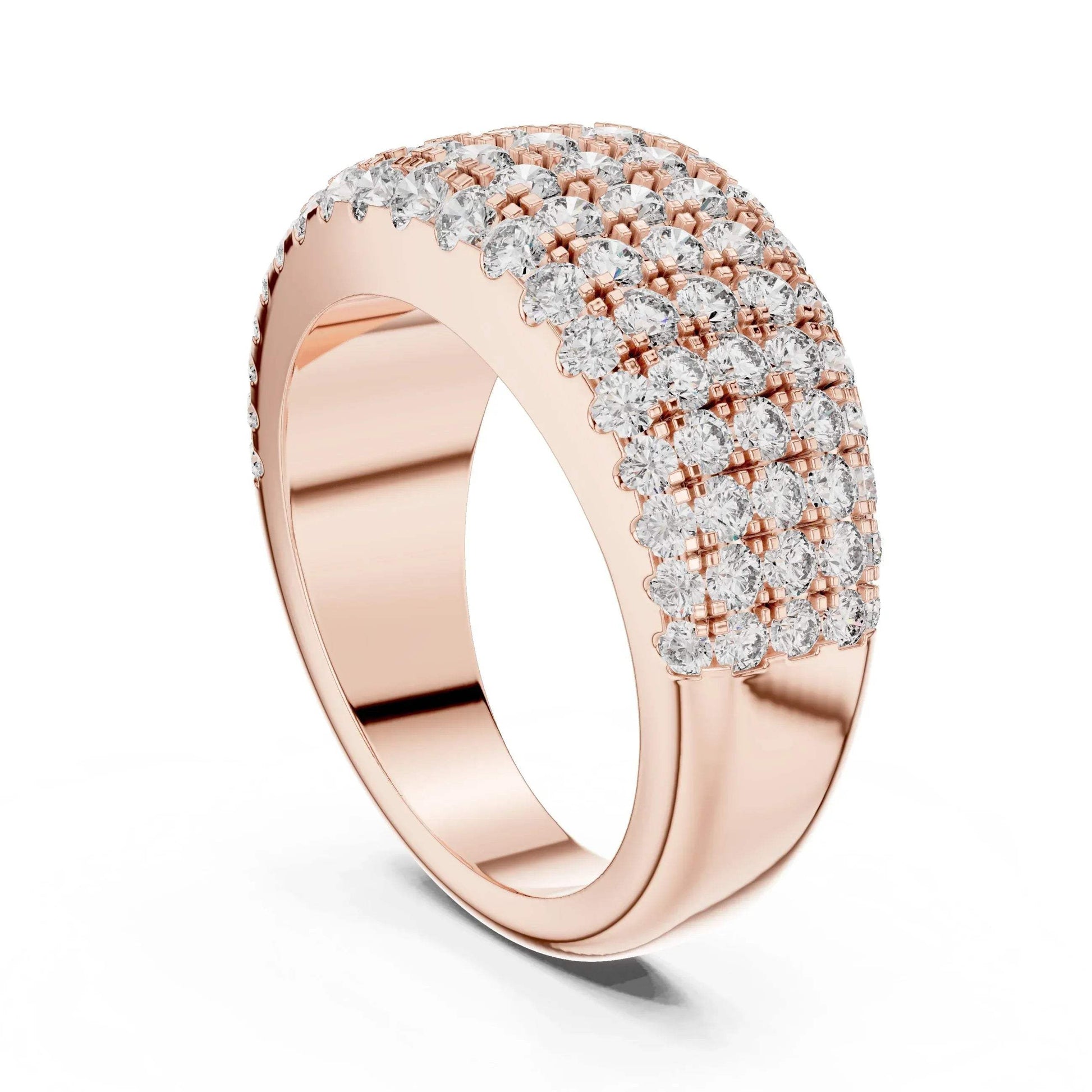 Rose gold ring with real diamond accents on a white background