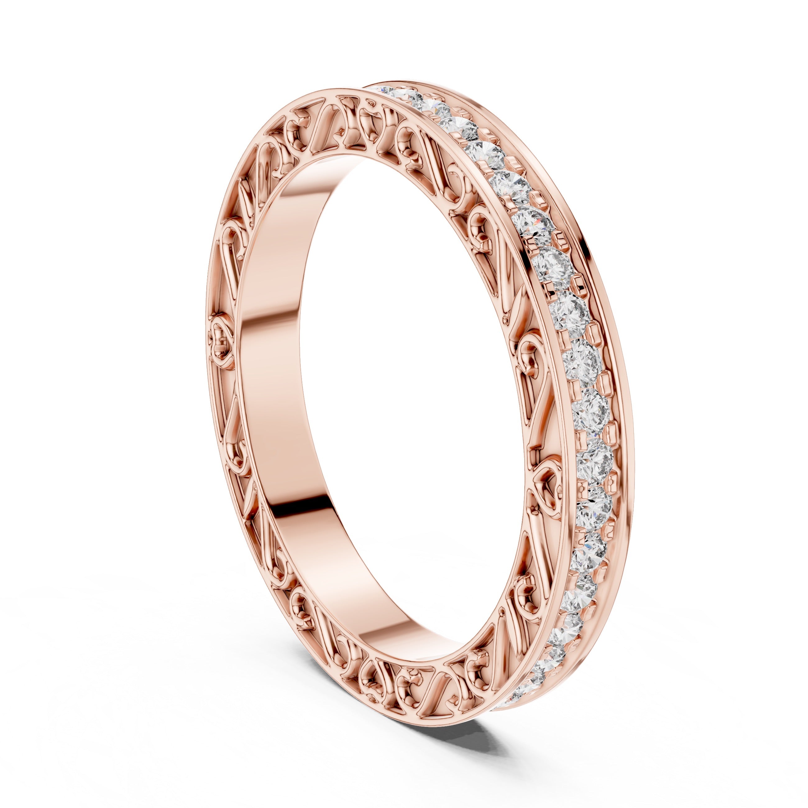 Rose gold ring with natural diamond accents on a white background