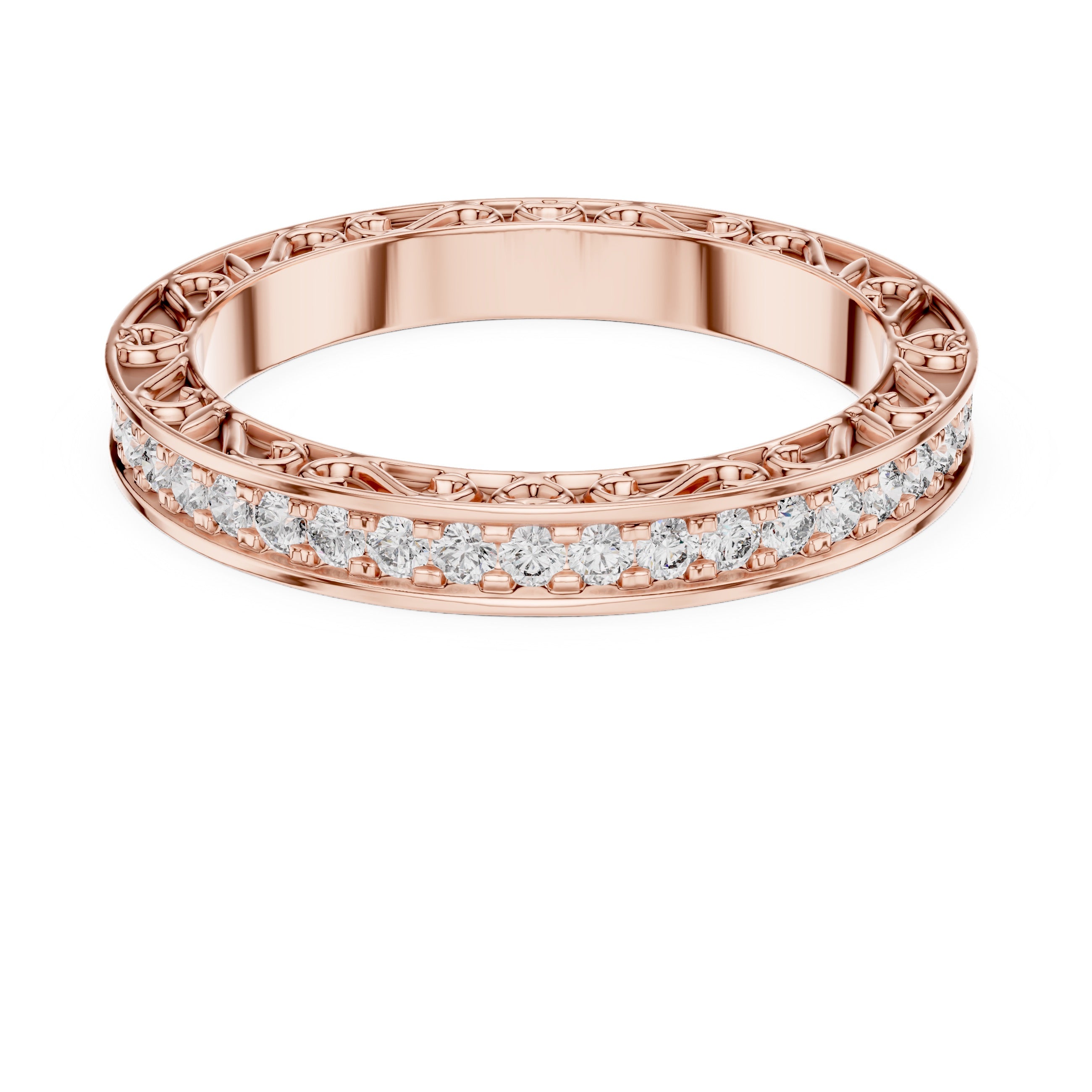 Rose gold ring with natural diamond accents on a white background