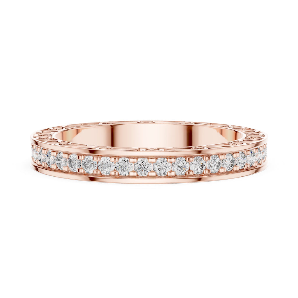 Rose gold ring with natural diamonds on a white background