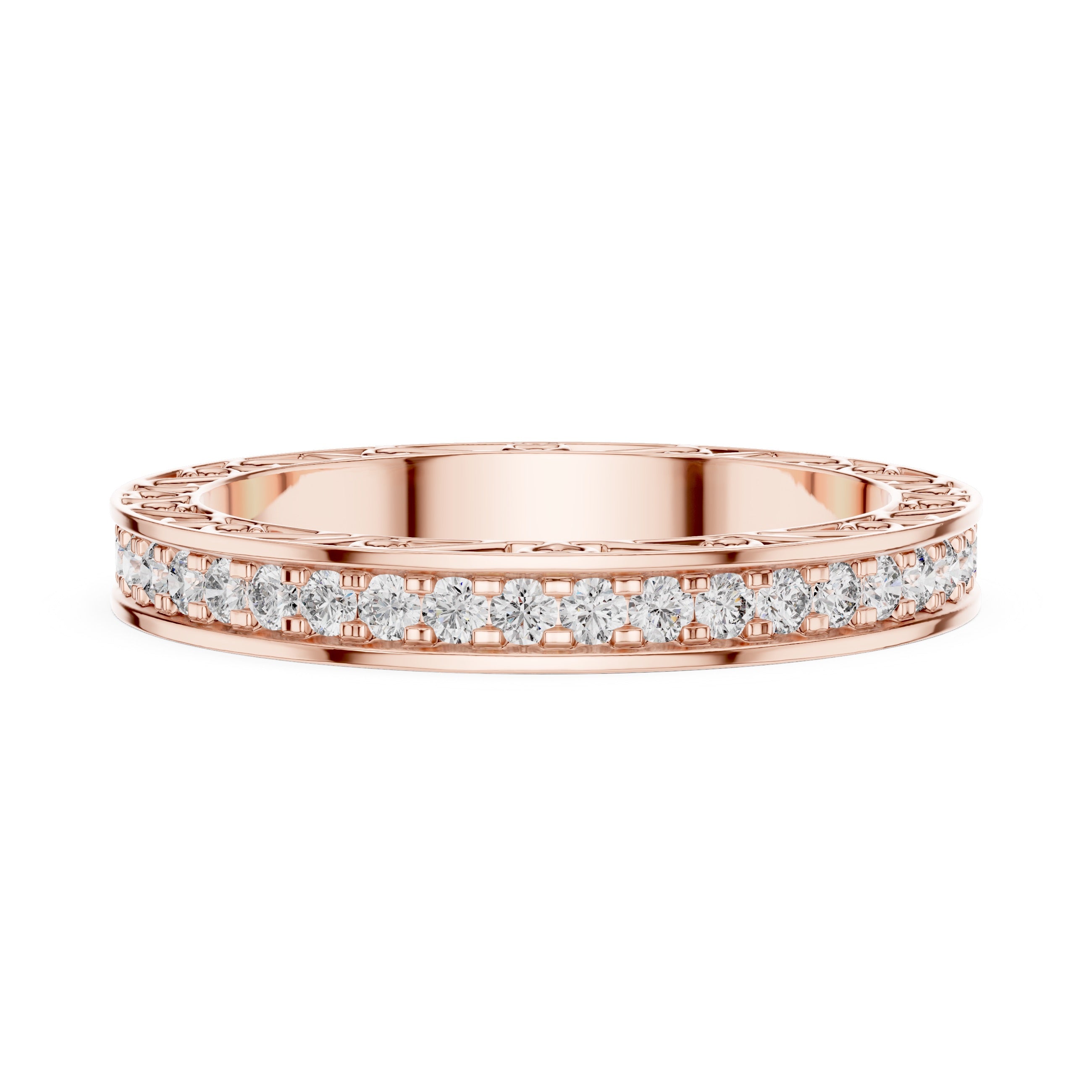 Rose gold ring with natural diamonds on a white background