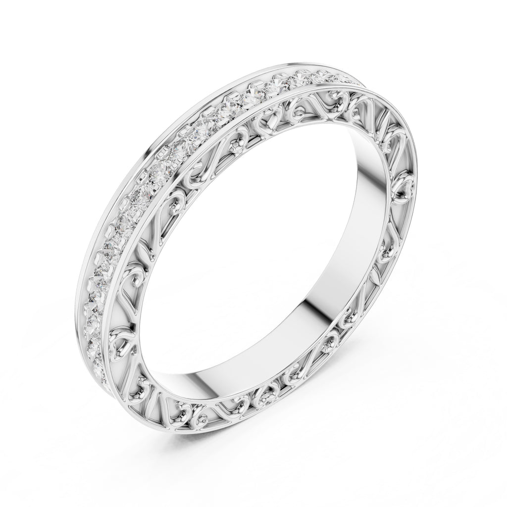 White gold ring with natural diamond accents on a white background
