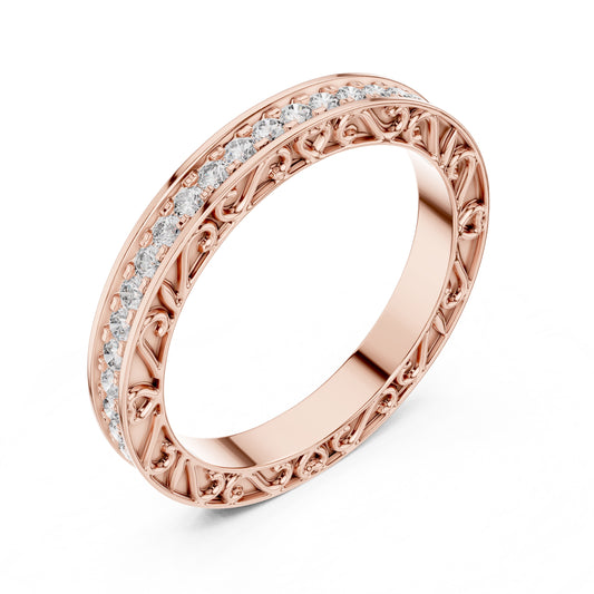 Rose gold ring with natural diamond accents on a white background