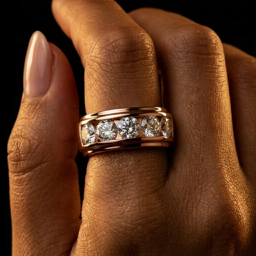Rose gold ring with diamonds on a person's finger against a dark background