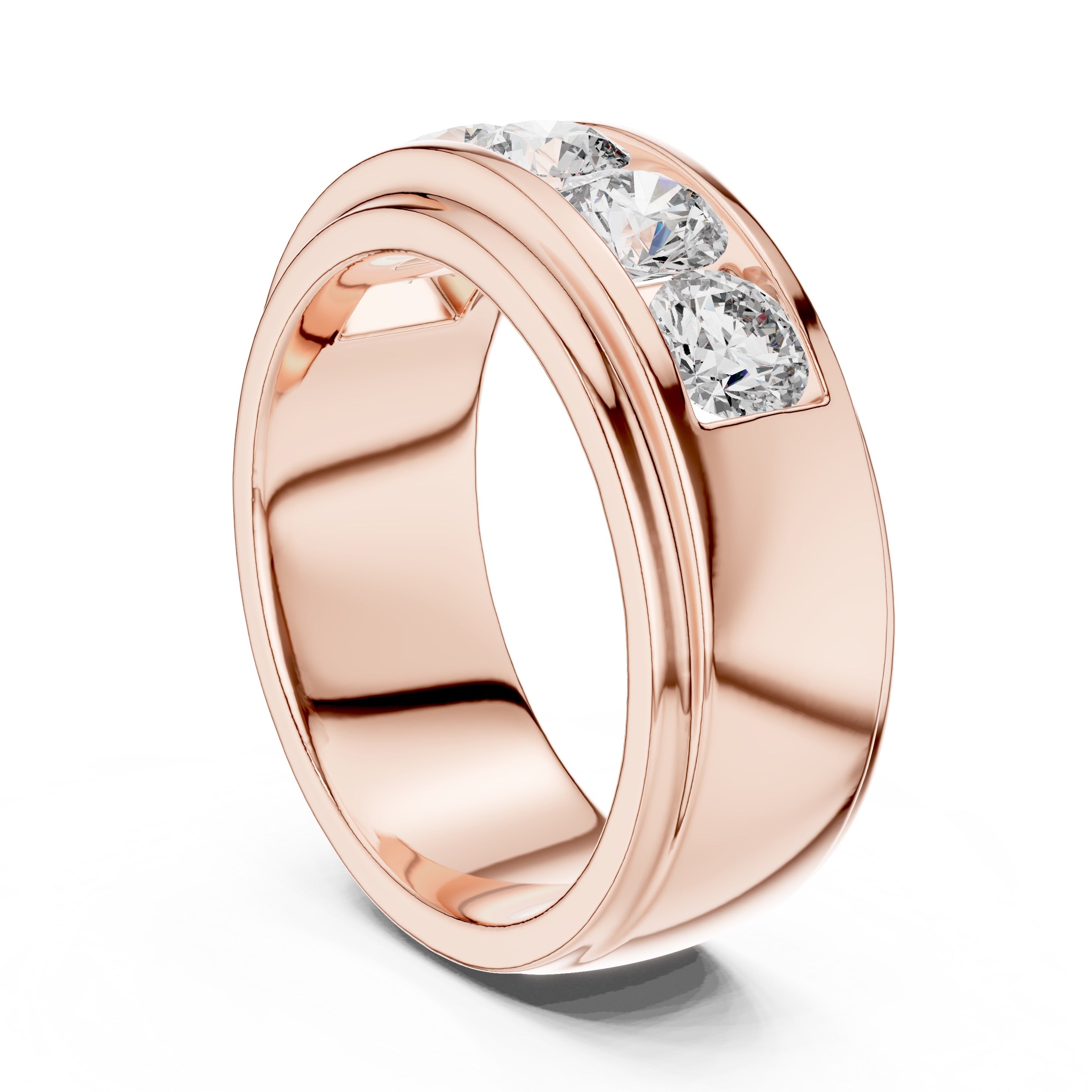 Rose gold ring with diamonds on a white background