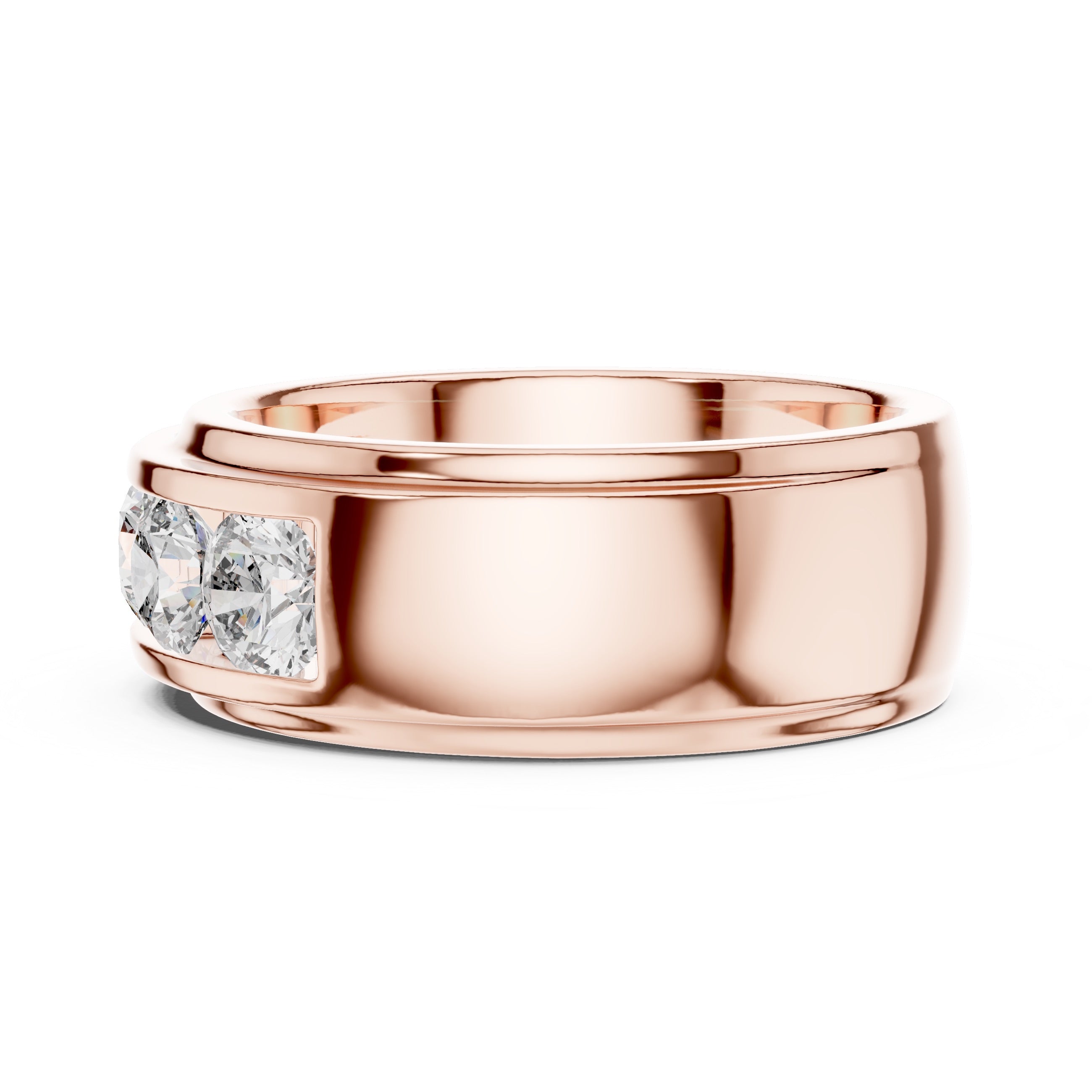 Rose gold ring with diamond accents on a white background