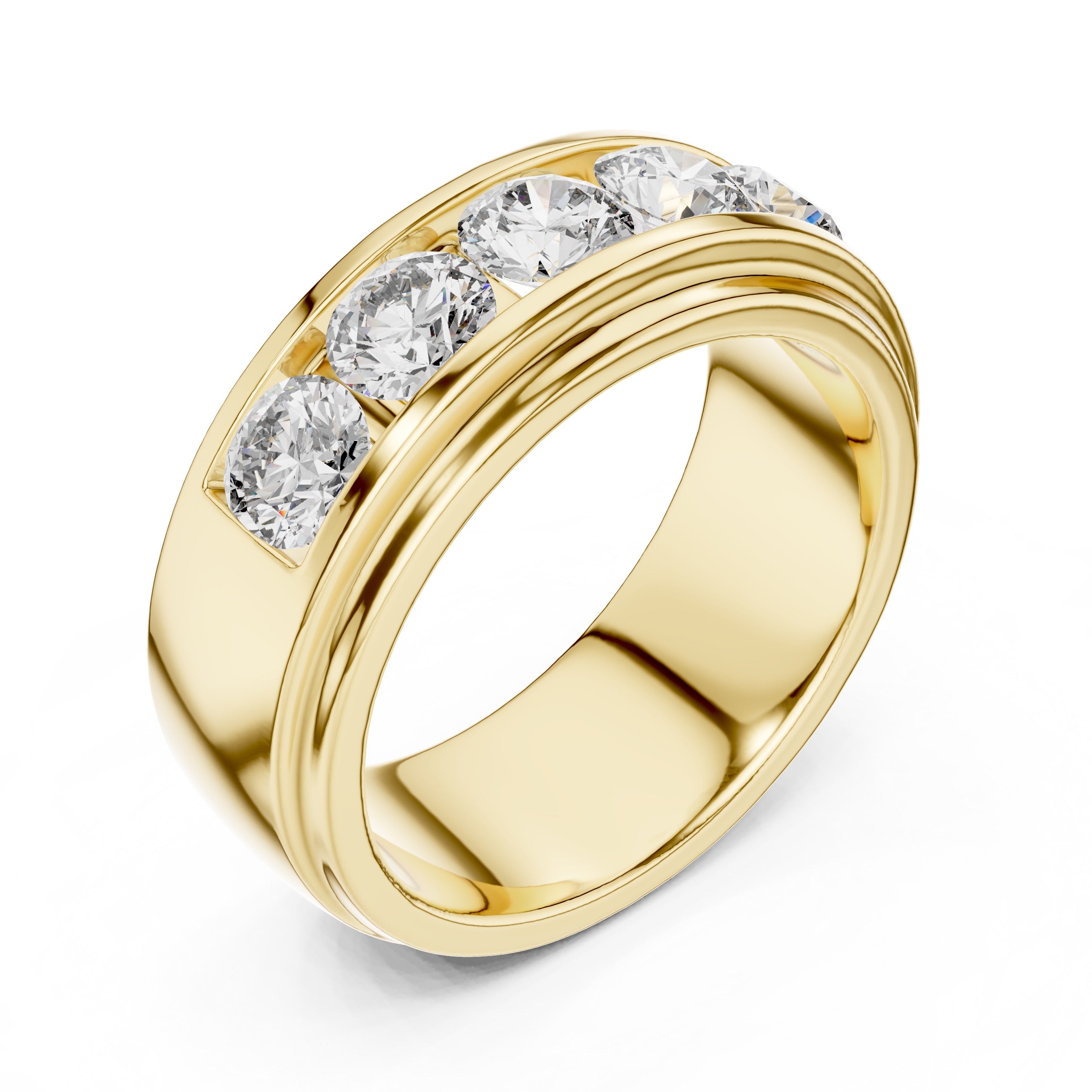 Yellow gold ring with embedded diamonds on a white background