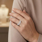 Hand wearing a lab grown diamond ring with a blurred background