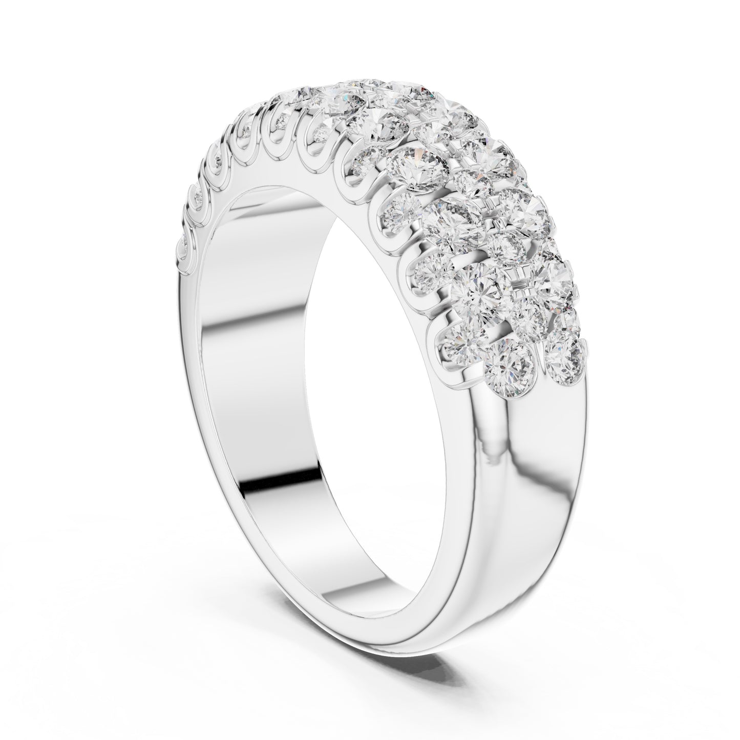 White gold ring with lab grown diamond accents on a white background