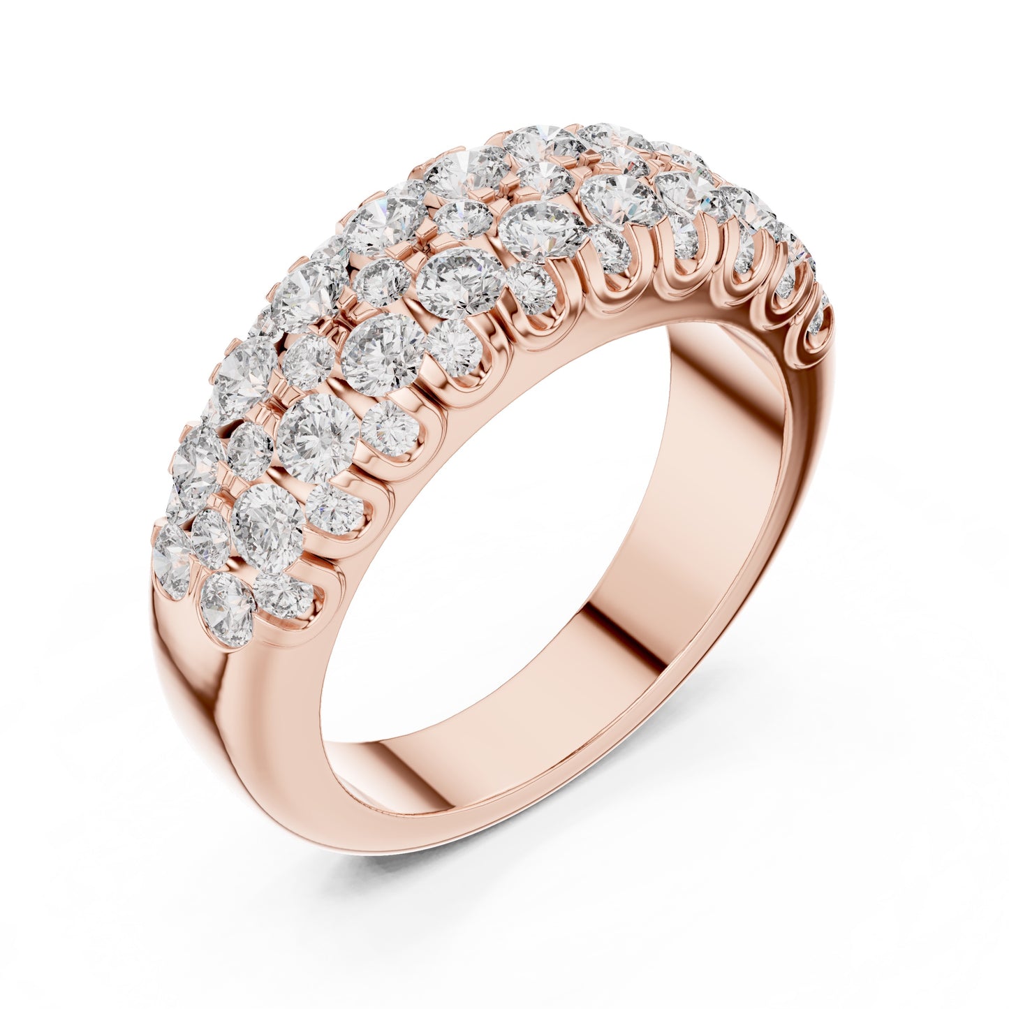 Rose gold ring with lab grown diamonds on a white background