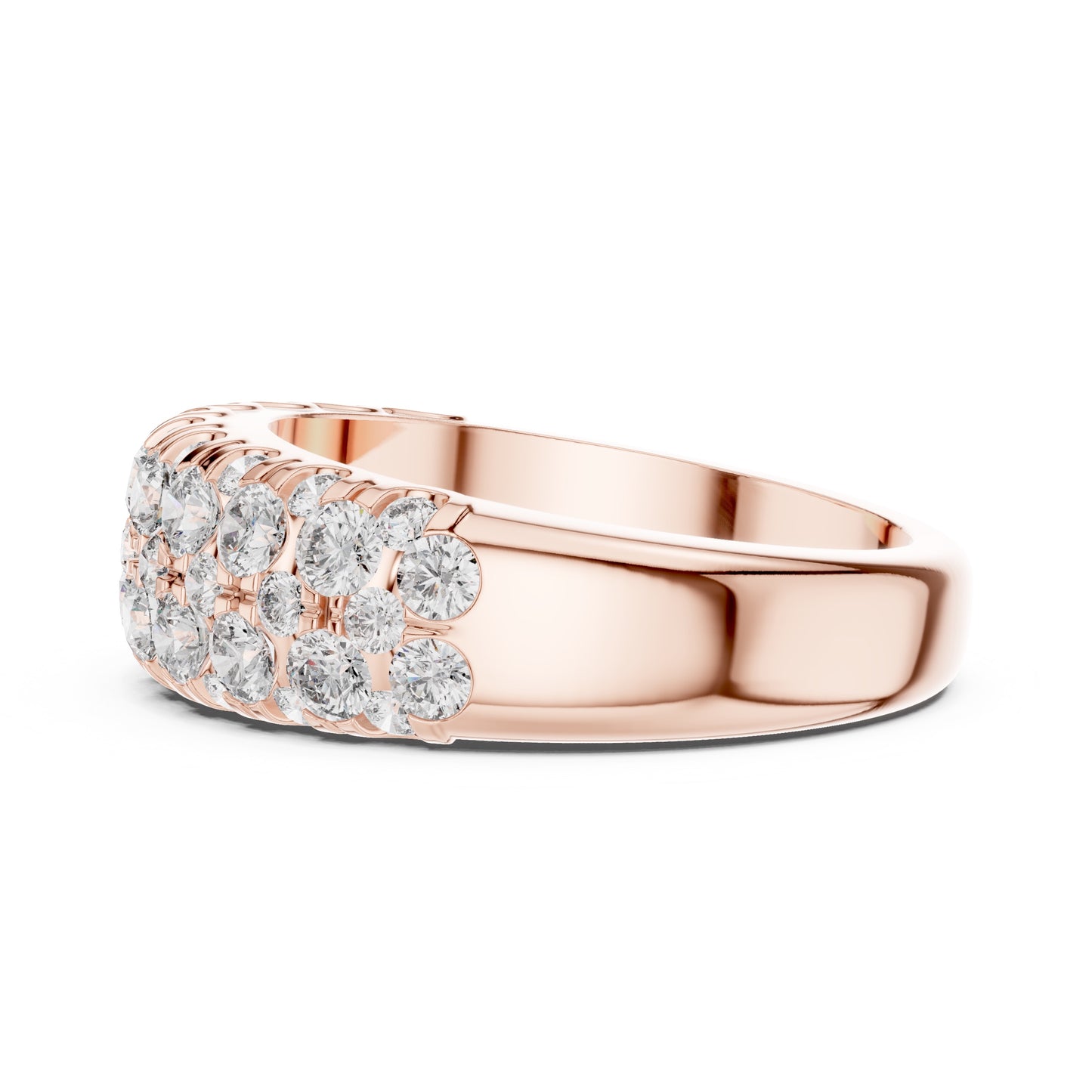 Rose gold ring with lab grown diamond accents on a white background