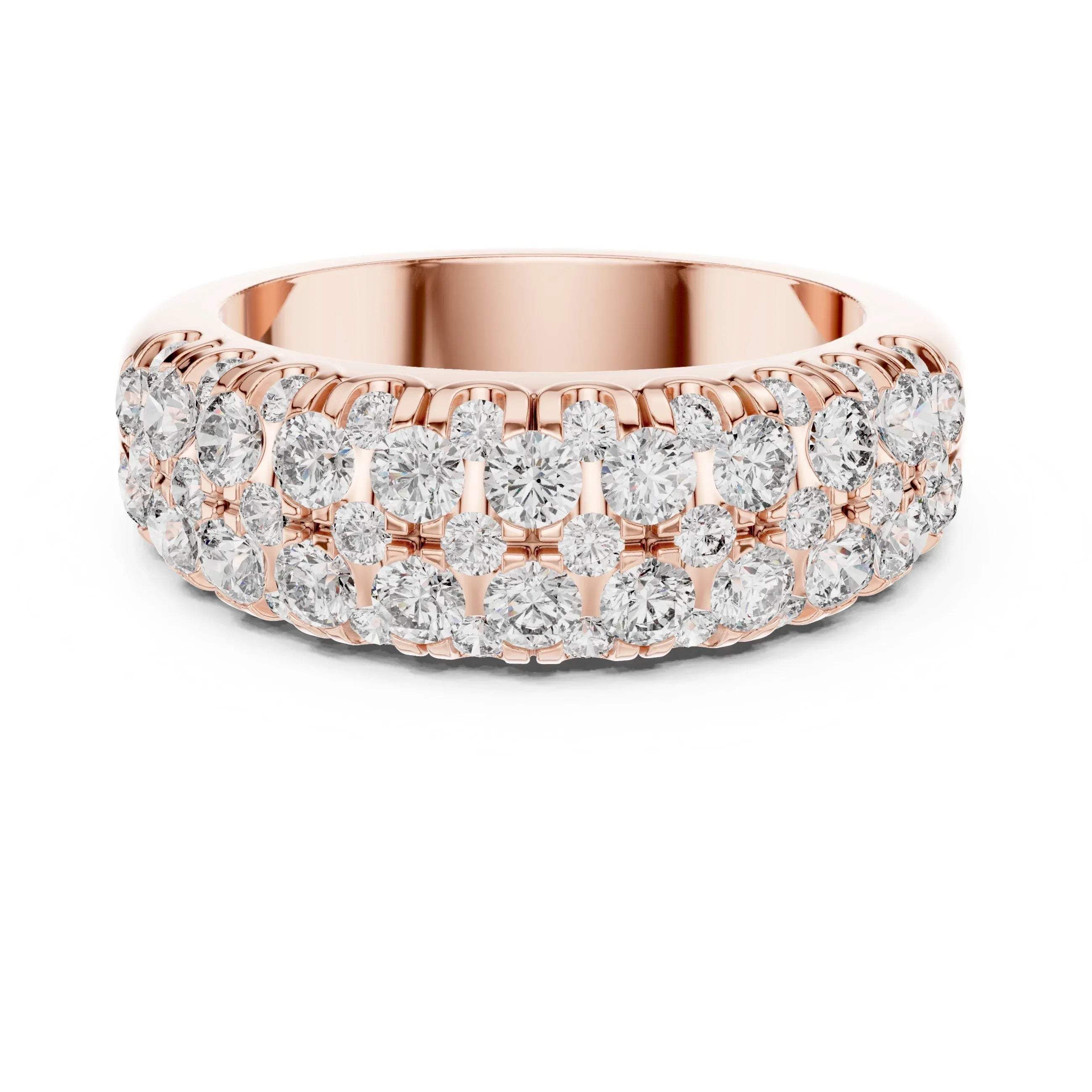 Rose gold ring with lab grown diamond accents on a white background