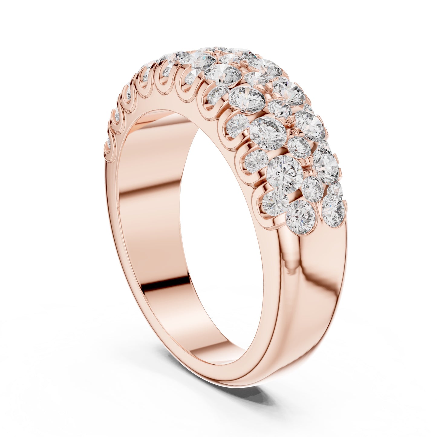 Rose gold ring with lab grown diamonds on a white background