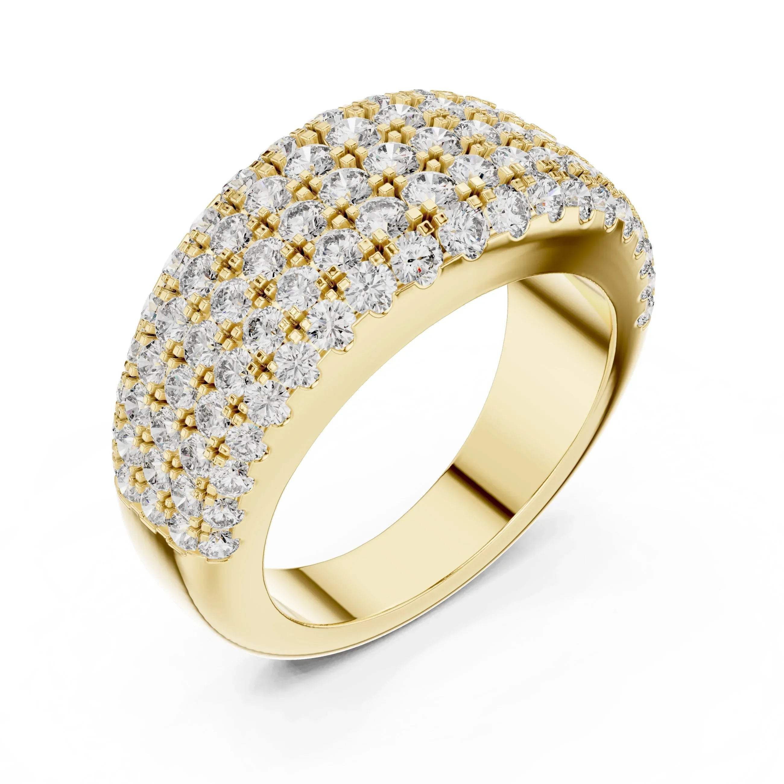 Gold ring with lab grown diamond accents on a white background