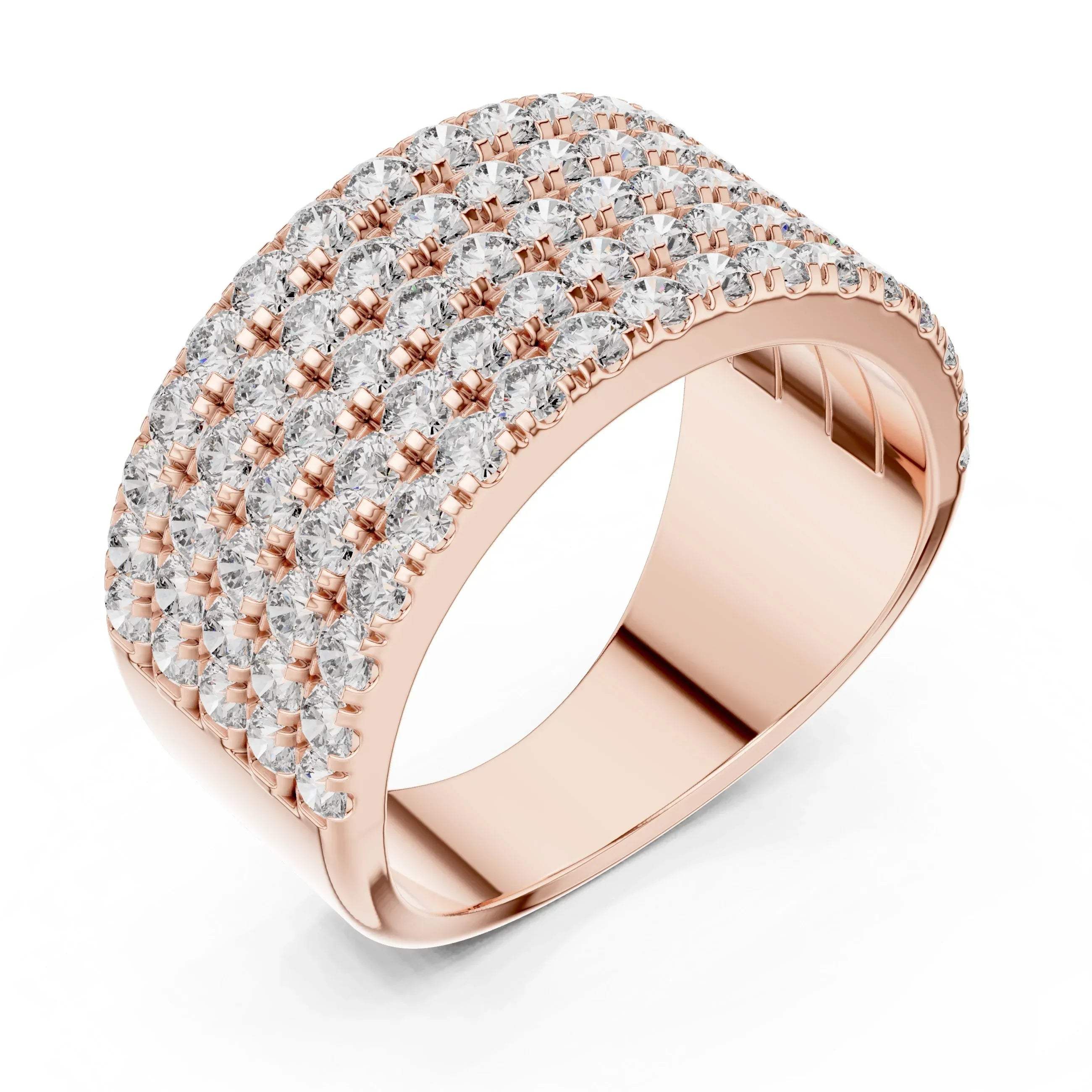 Rose gold ring with lab grown diamond accents on a white background