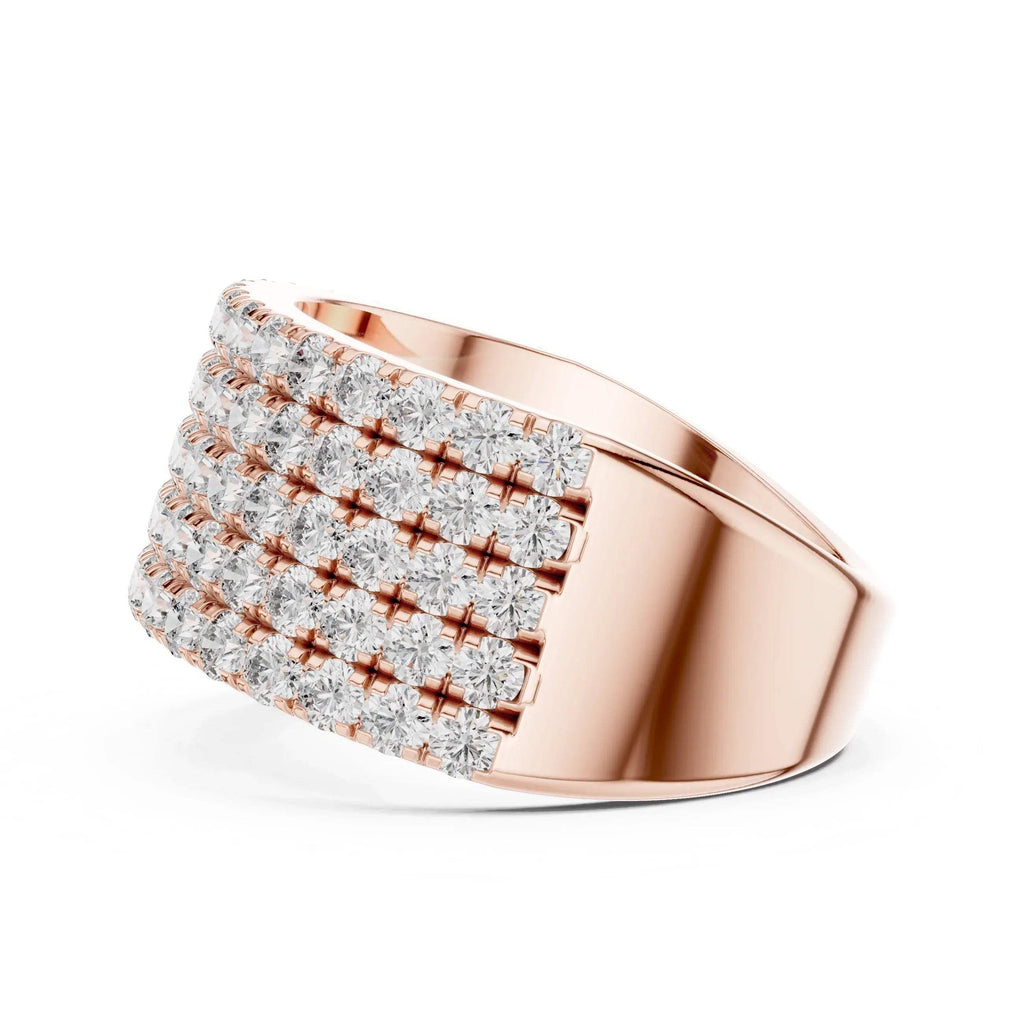 Rose gold ring with lab grown diamond accents on a white background