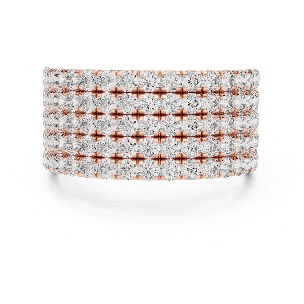 Stack of lab grown diamond-encrusted rings with rose gold band on a white background