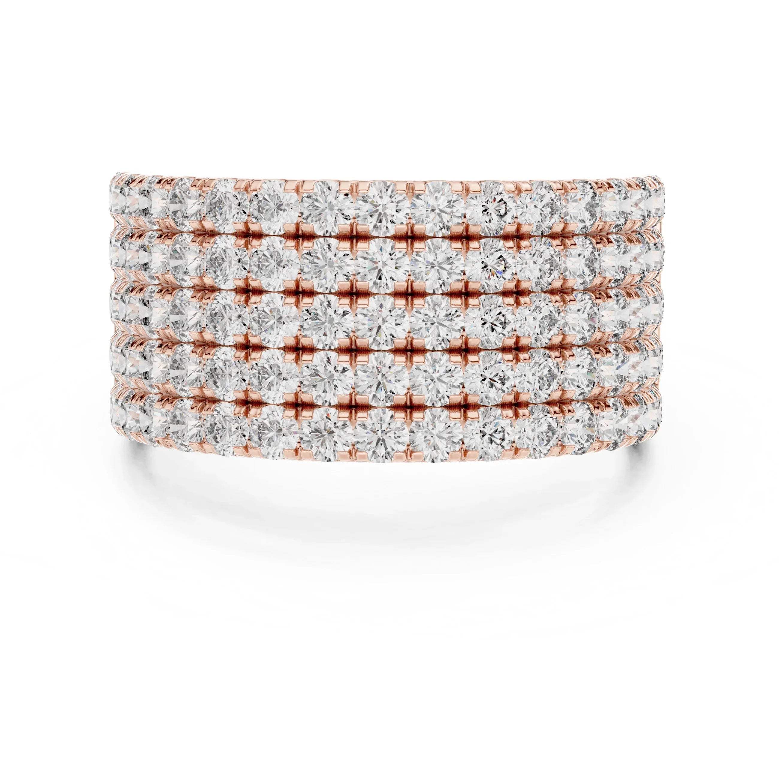 Stack of lab grown diamond-encrusted rings with rose gold band on a white background