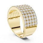 Yellow gold ring with lab grown diamond accents on a white background