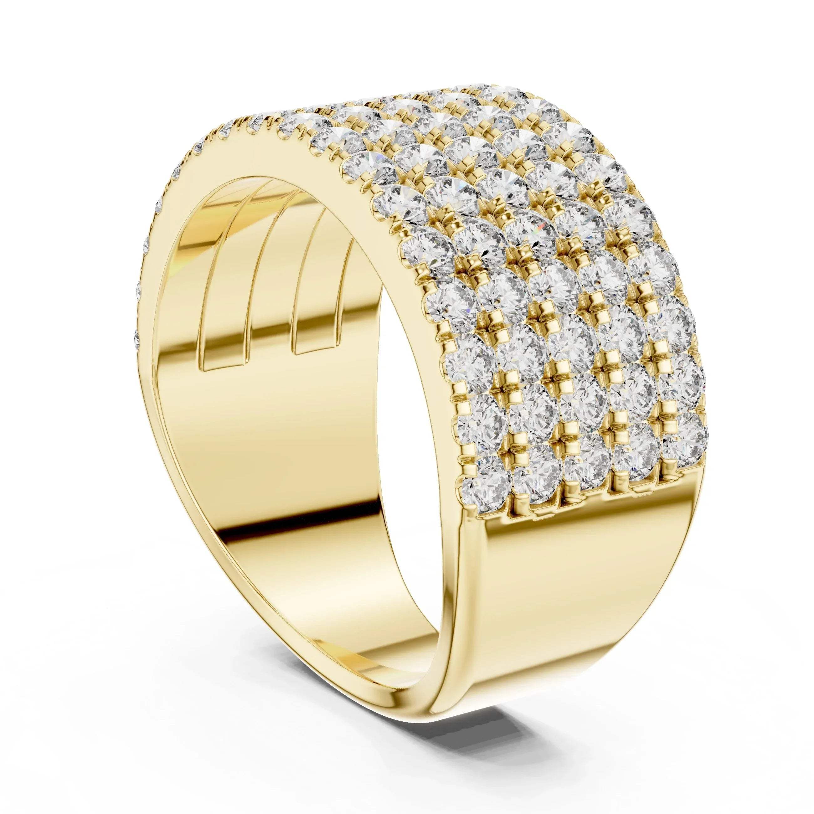 Yellow gold ring with lab grown diamond accents on a white background