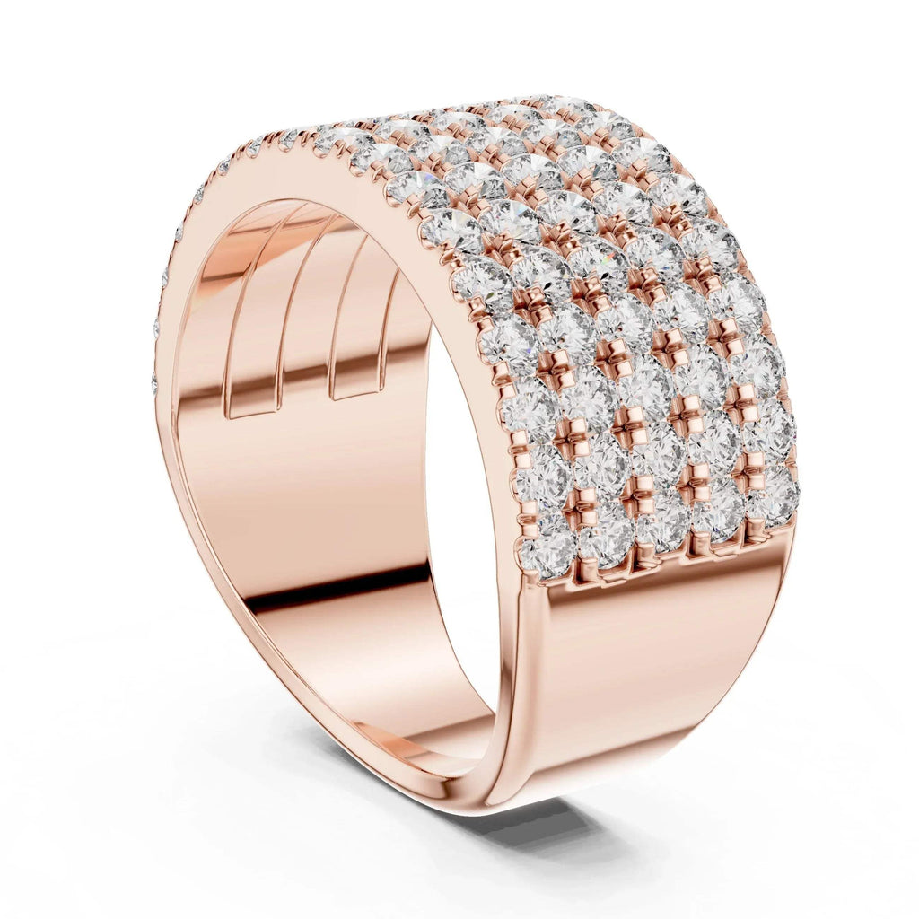 Rose gold ring with lab grown diamond accents on a white background