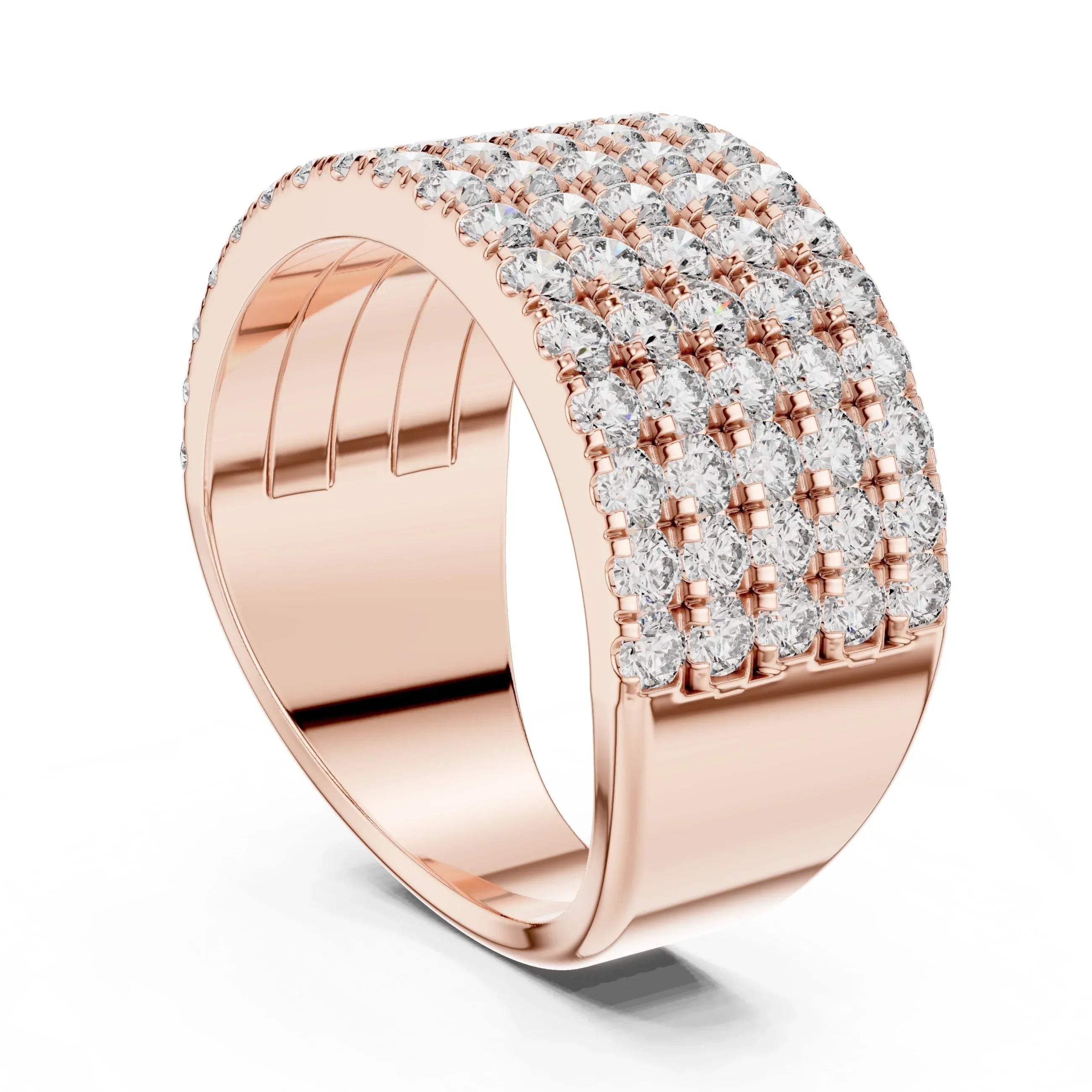 Rose gold ring with lab grown diamond accents on a white background