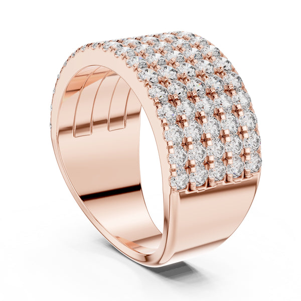 Rose gold ring with lab grown diamond accents on a white background