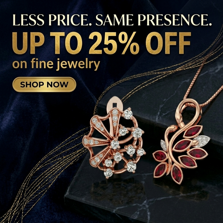 Jewelry advertisement with one earring and one pendant with chain on a dark background, featuring a sale promotion.