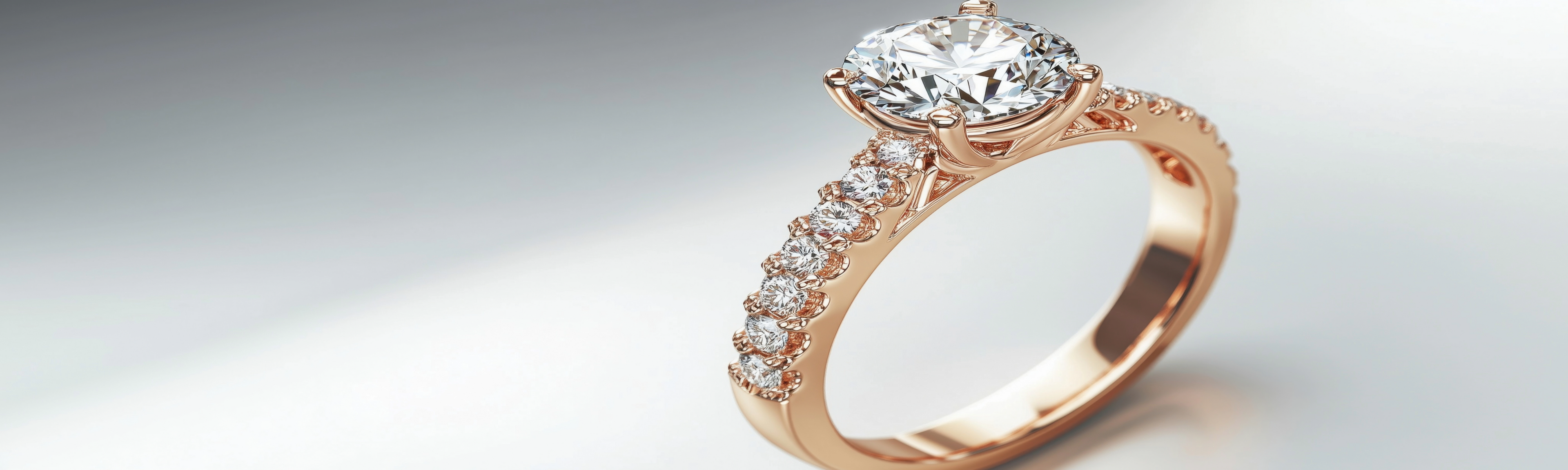 Rose gold ring with diamond on a light background