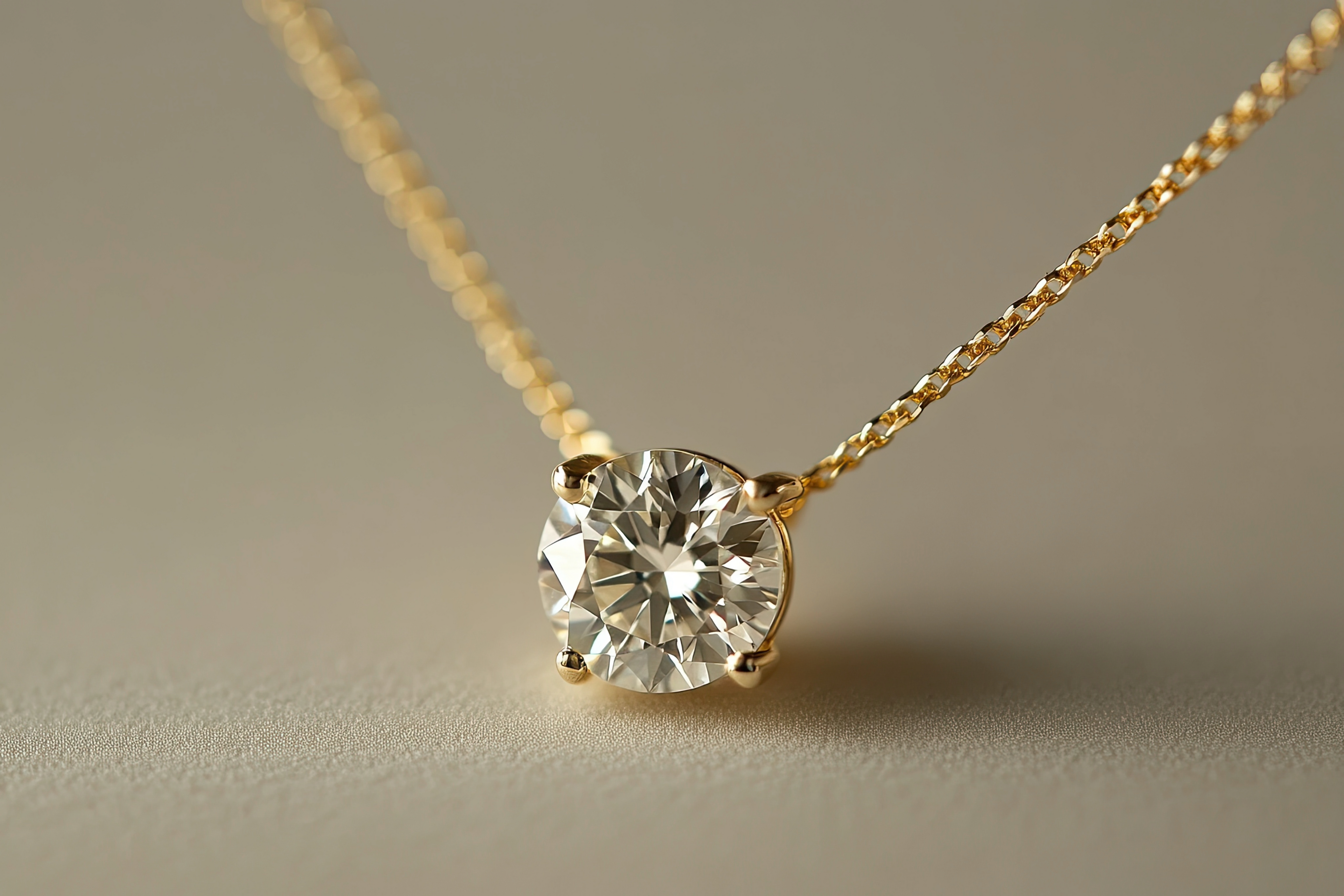 Gold necklace with a diamond pendant on a neutral background