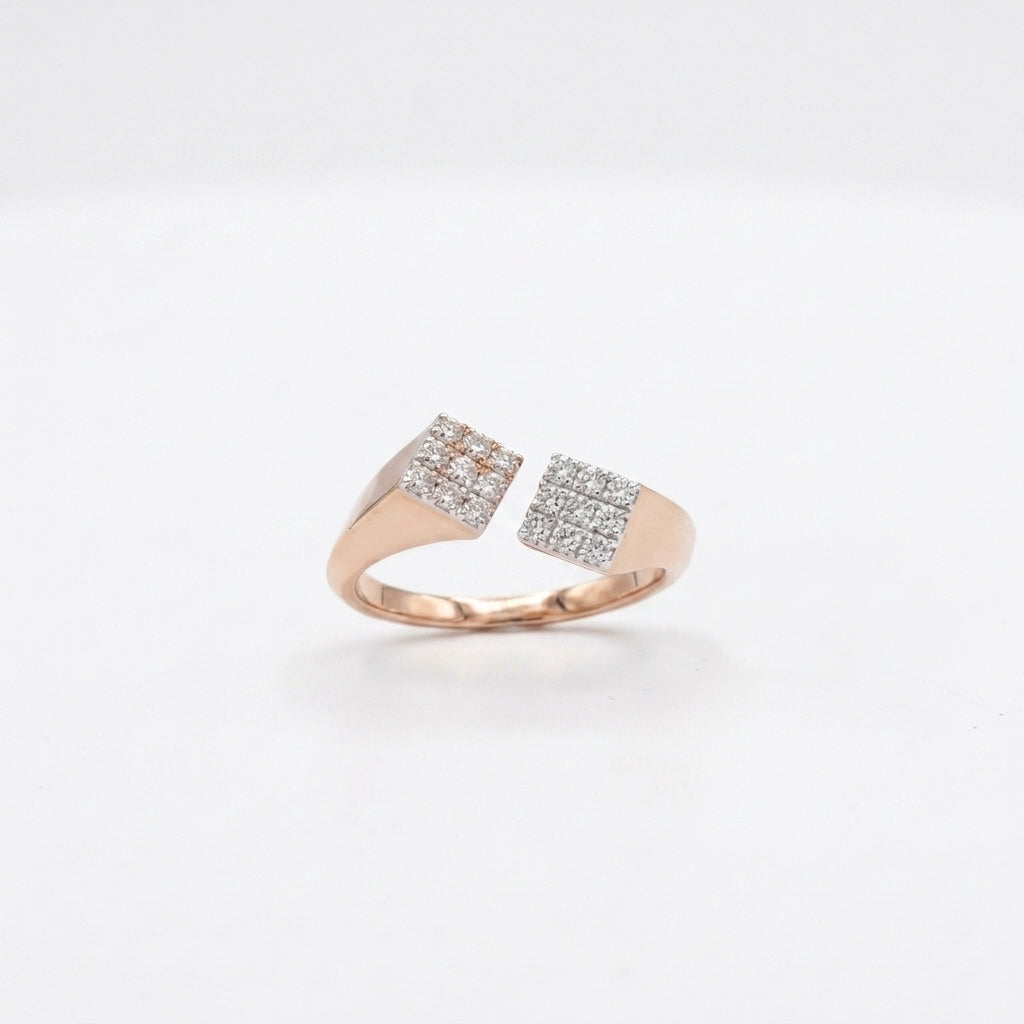 A rose gold open-front ring with two square pavé-set diamond sections, photographed on a clean white background.