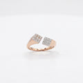 A rose gold open-front ring with two square pavé-set diamond sections, photographed on a clean white background.