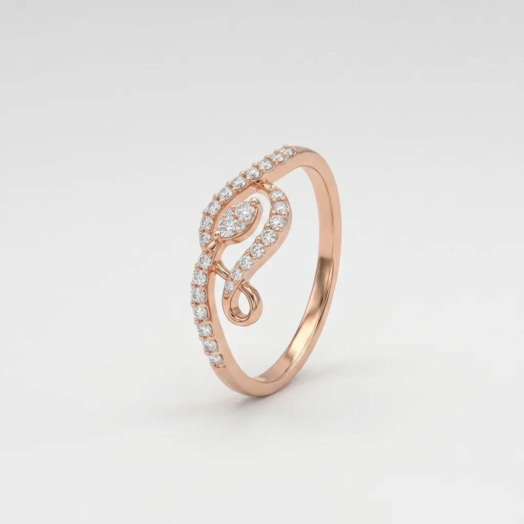 A rose gold ring with a curved, openwork design paved with small clear stones, shown on a light gray gradient background.