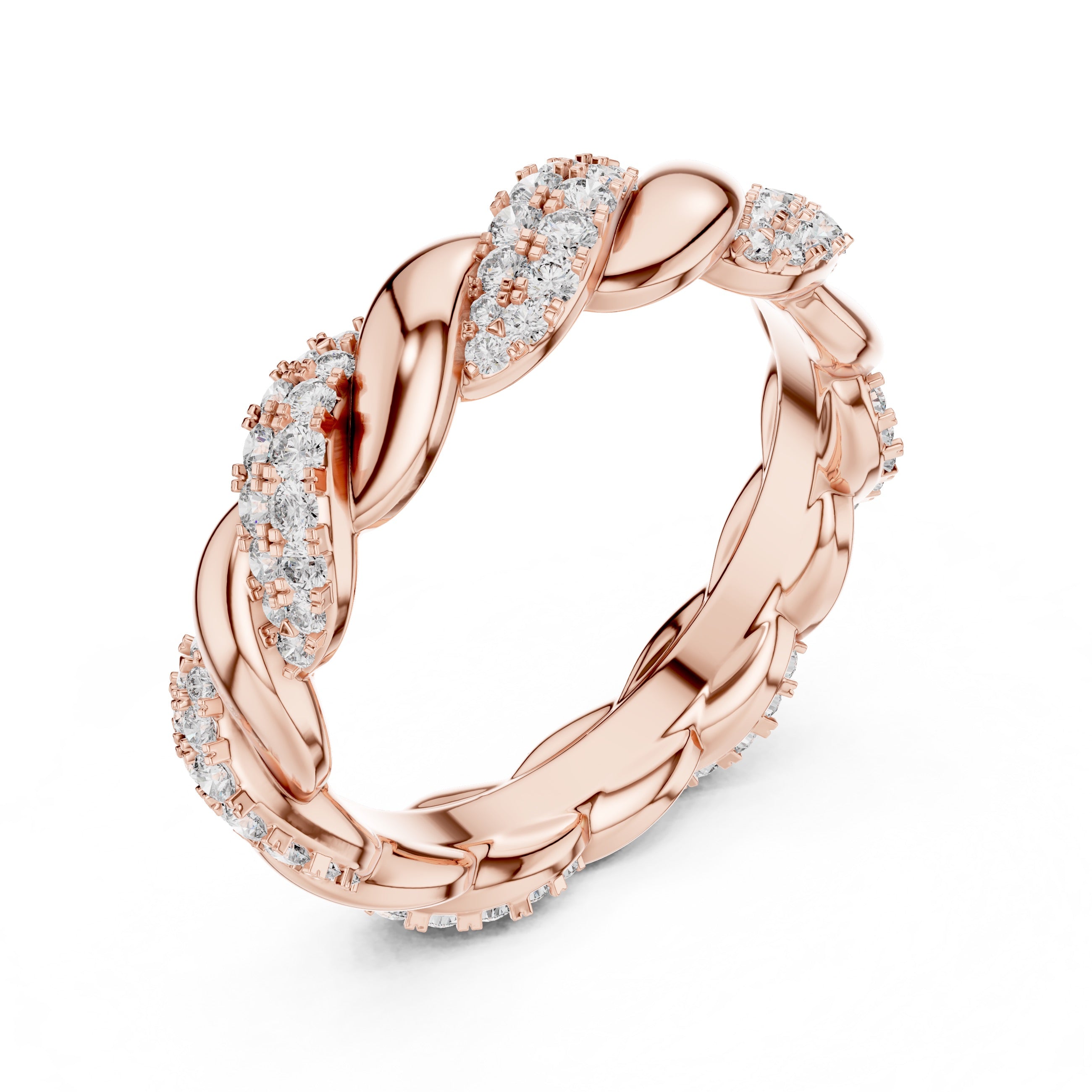 Rose gold ring with diamond accents on a white background