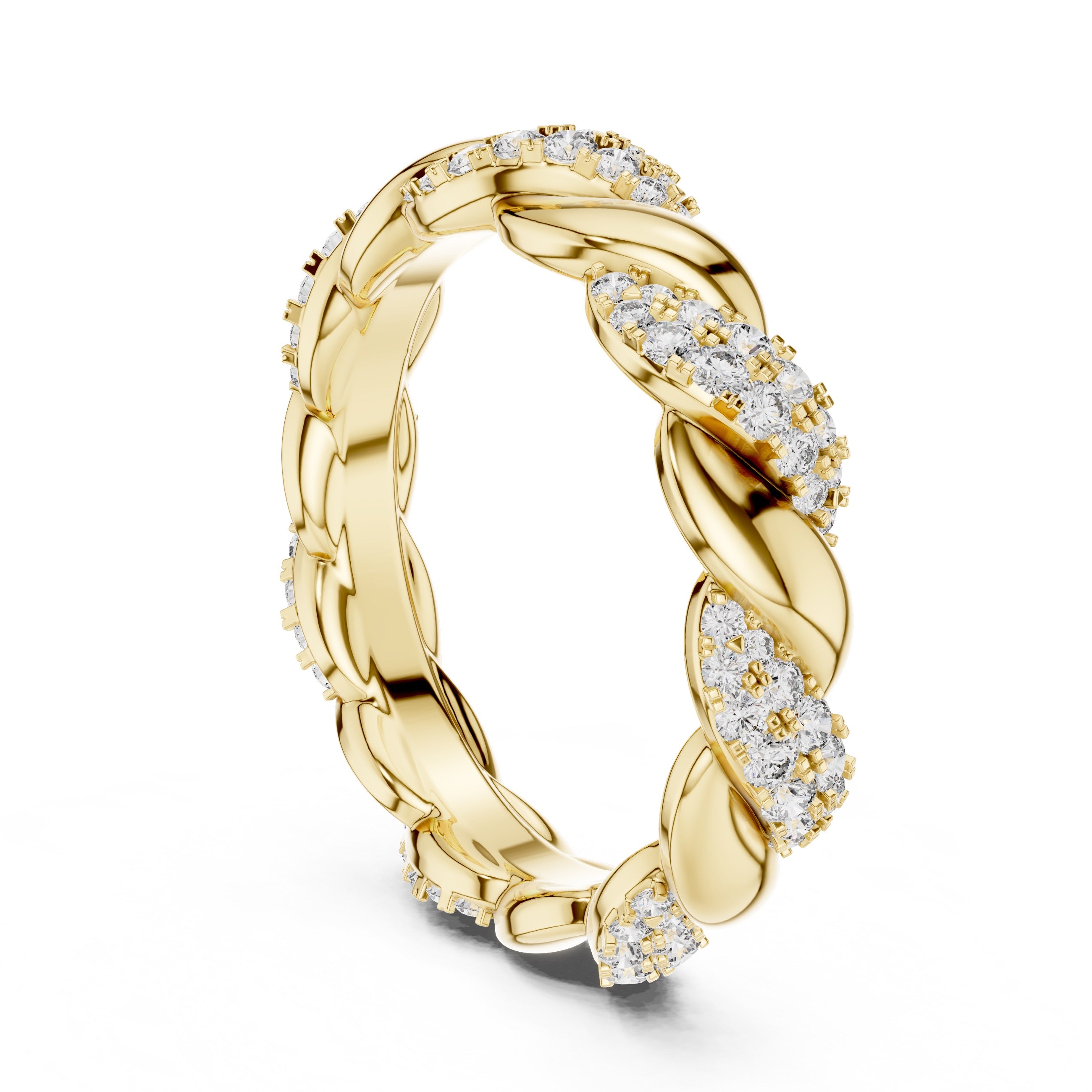 Yellow gold ring with diamond accents on a white background