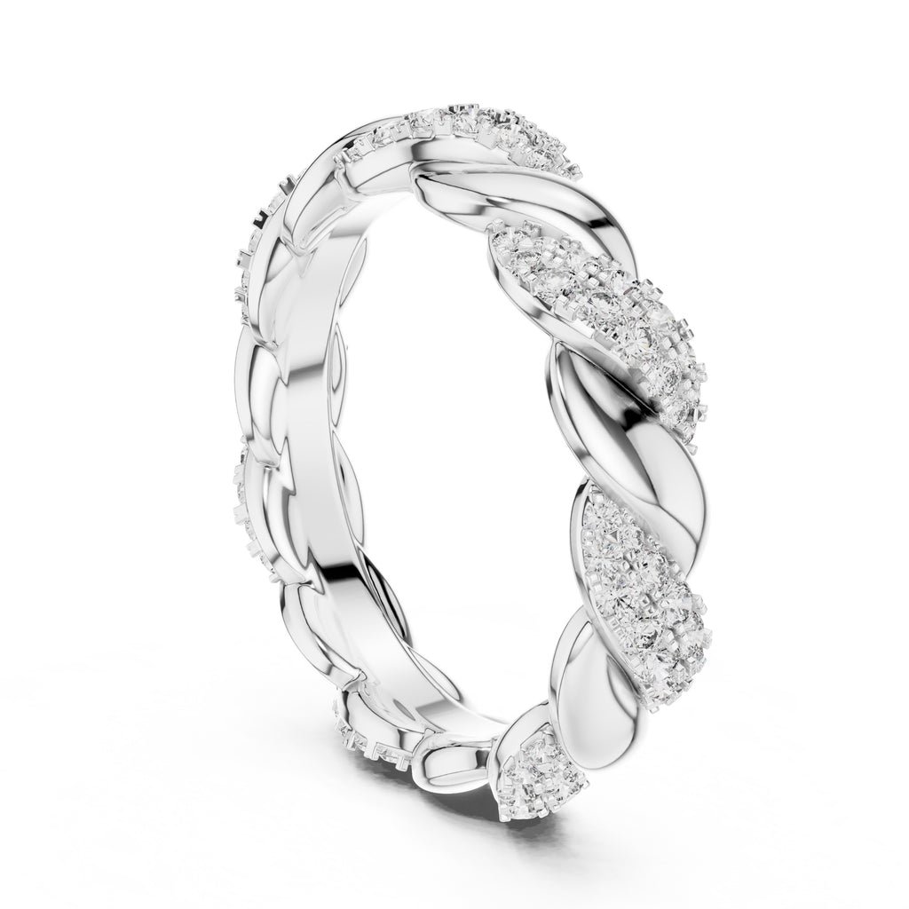 White gold ring with a twisted design and small diamonds on a white background