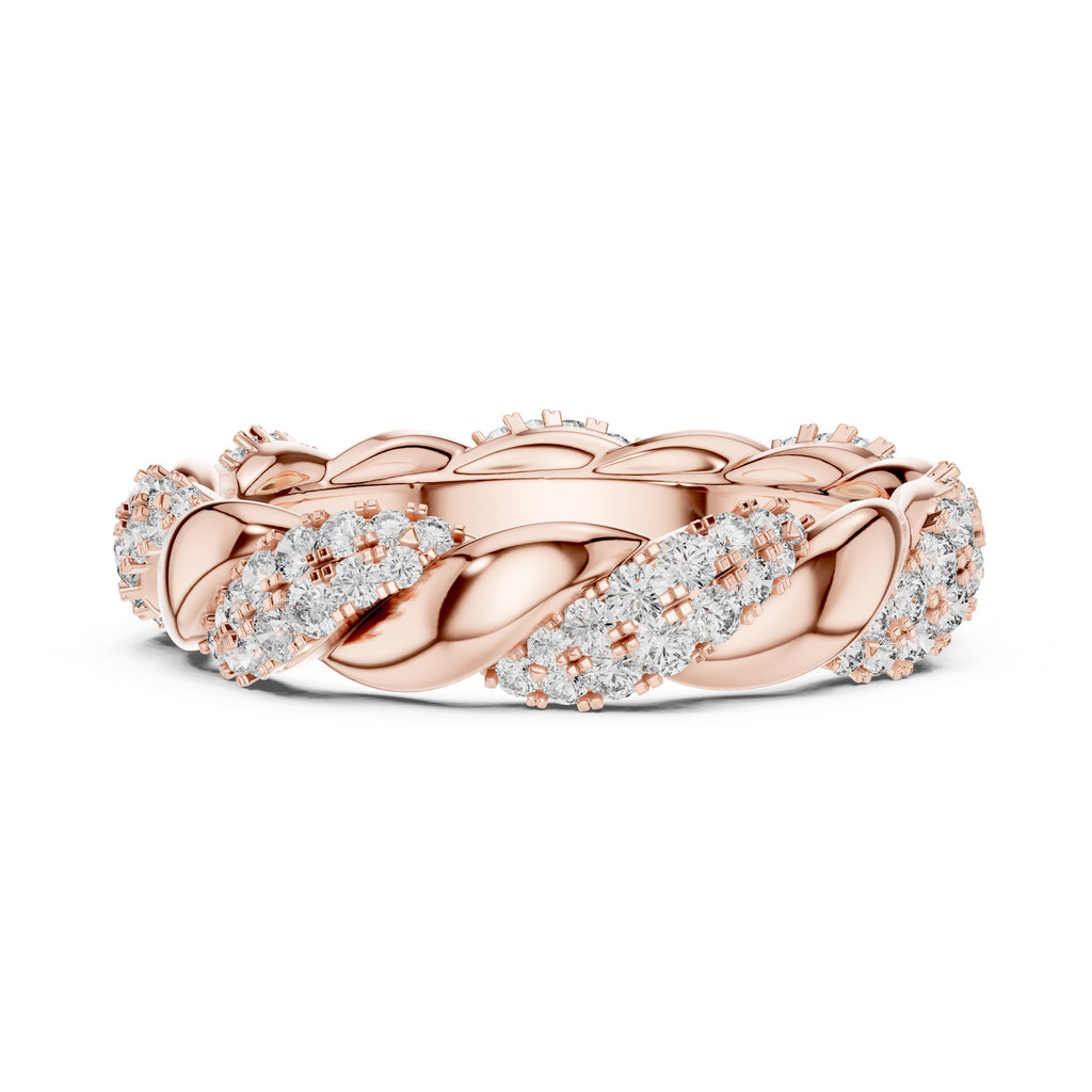 Rose gold ring with diamond accents on a white background