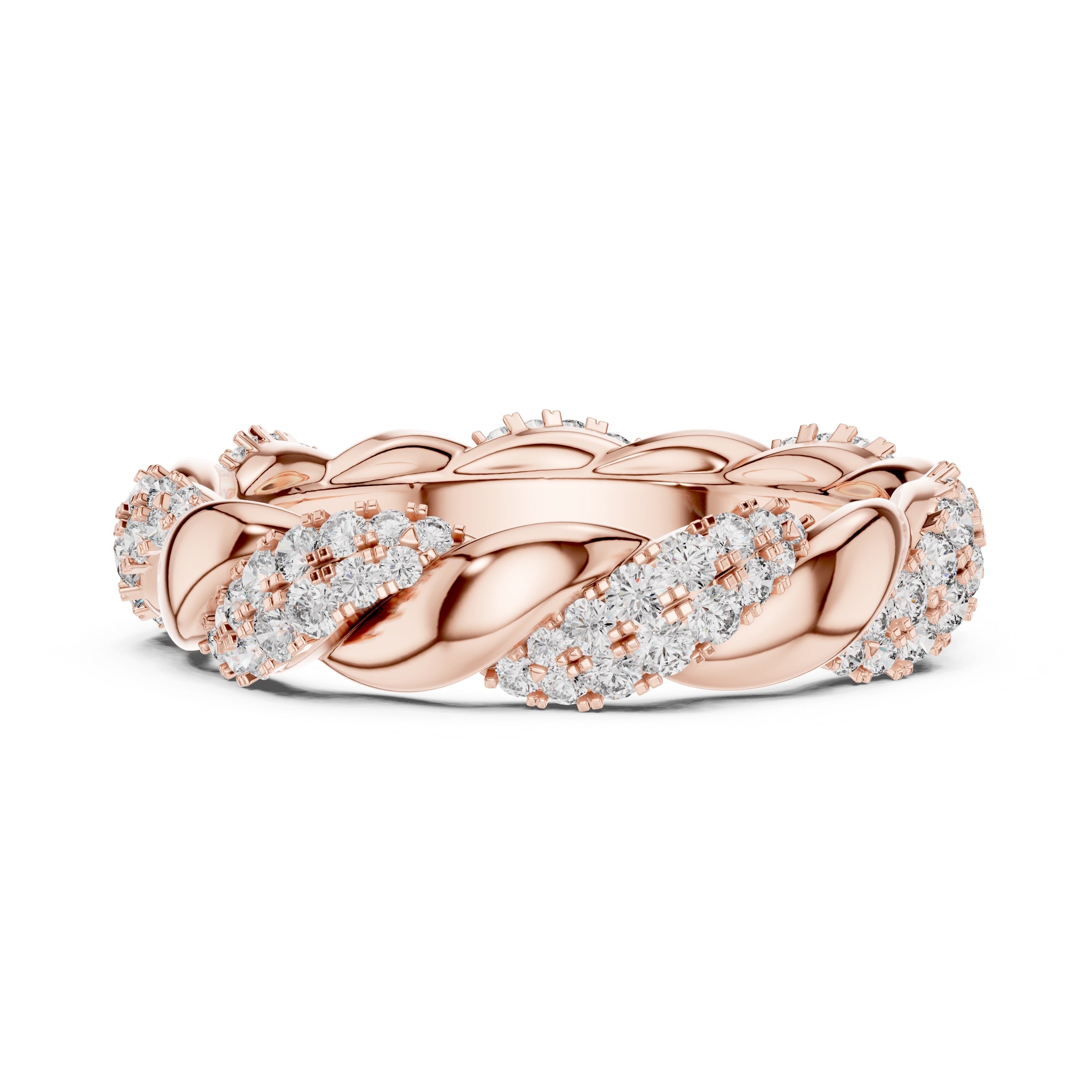 Rose gold ring with diamond accents on a white background