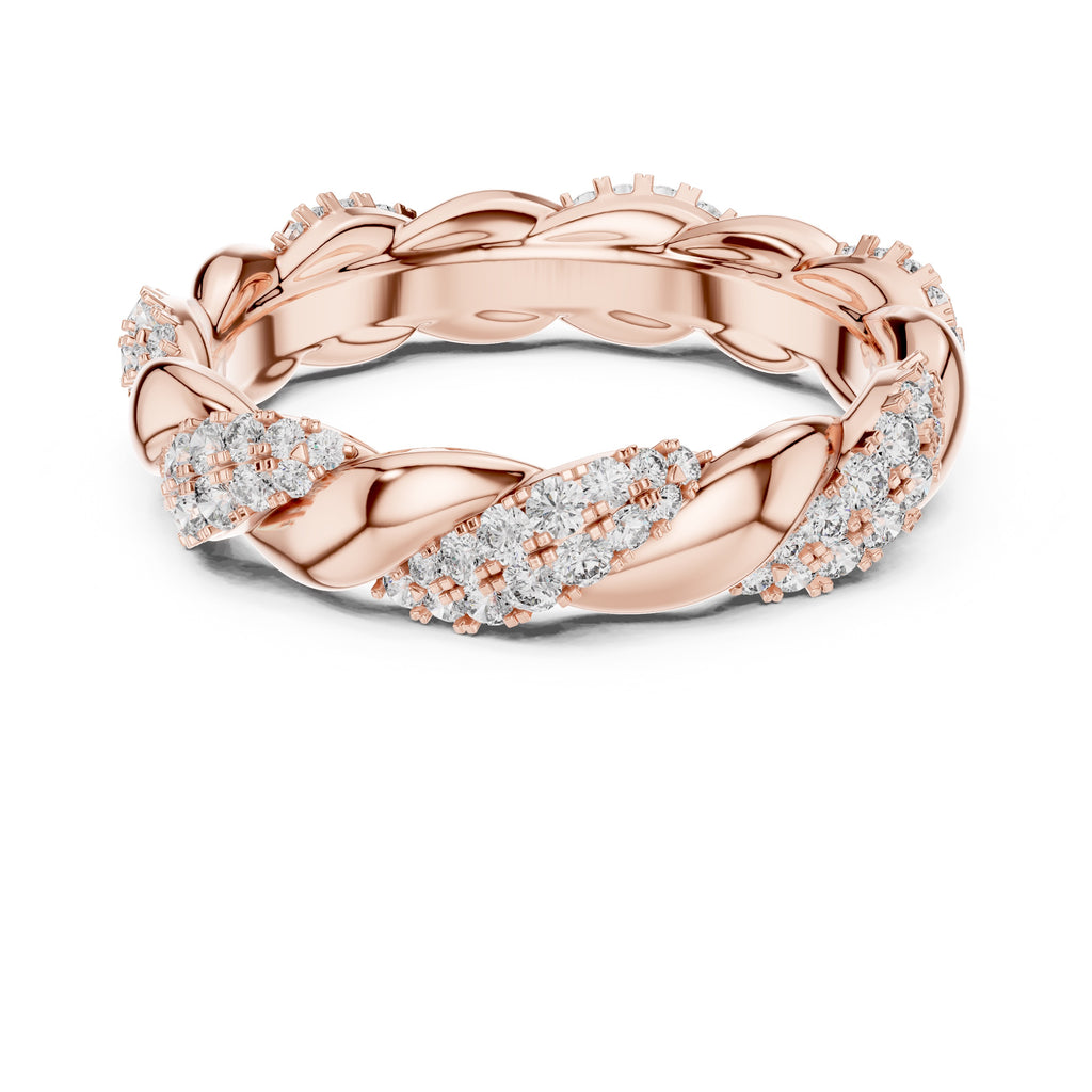 Rose gold ring with diamond accents on a white background