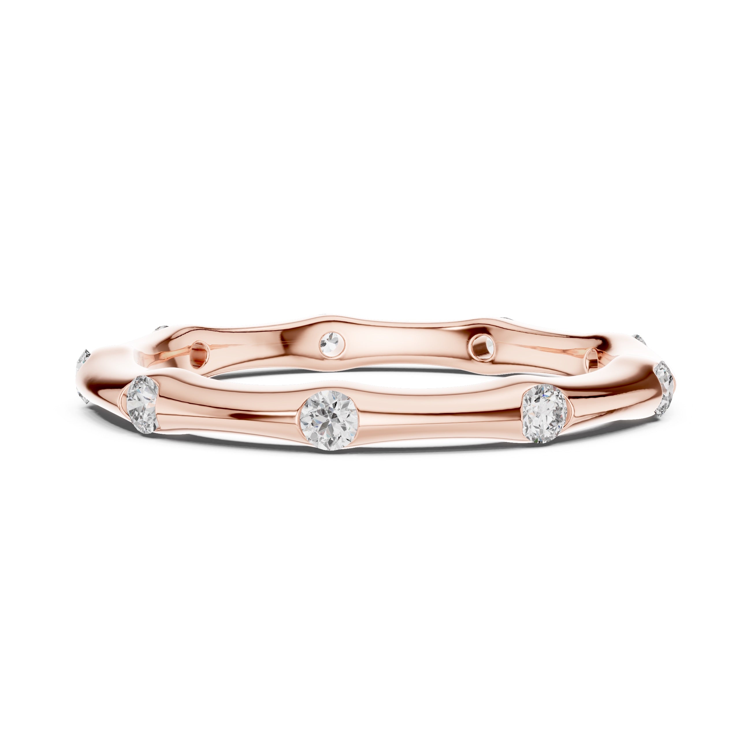 Rose gold ring with embedded diamonds on a white background