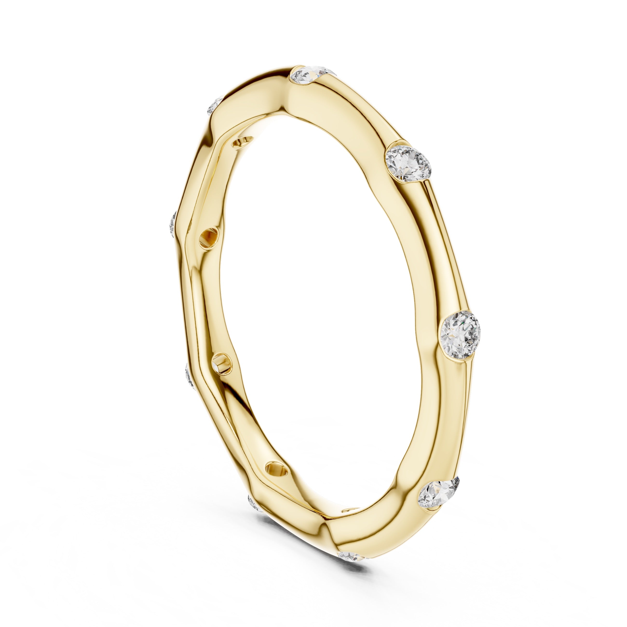 Gold ring with embedded diamonds on a white background