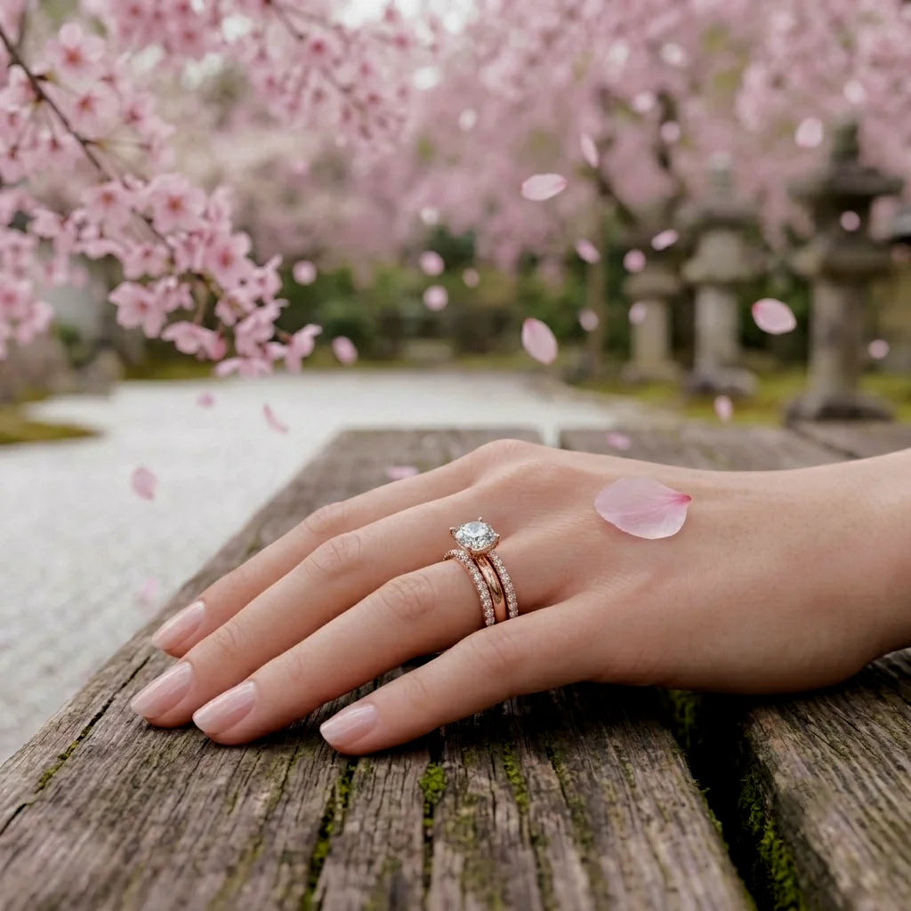 Hand wearing a gold and diamond ring with cherry blossoms in the background
