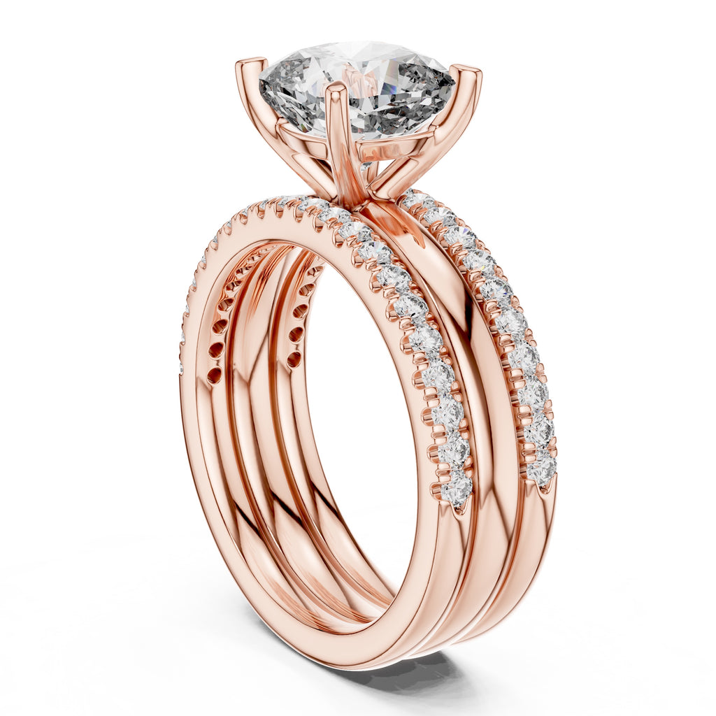 Rose gold ring with a large diamond and smaller diamonds on a white background